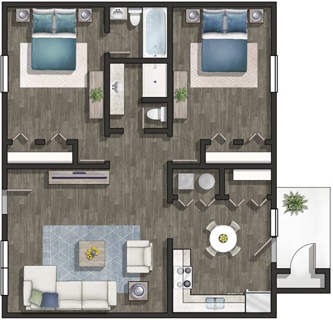 3D floor plan of a 2 bedroom 2 bathroom at Park Towne Apartments in Decatur, AL